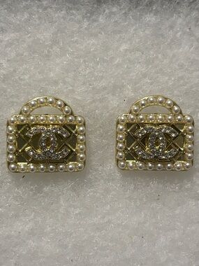 CC Gold Pearl Embellished Handbag Motif Earrings